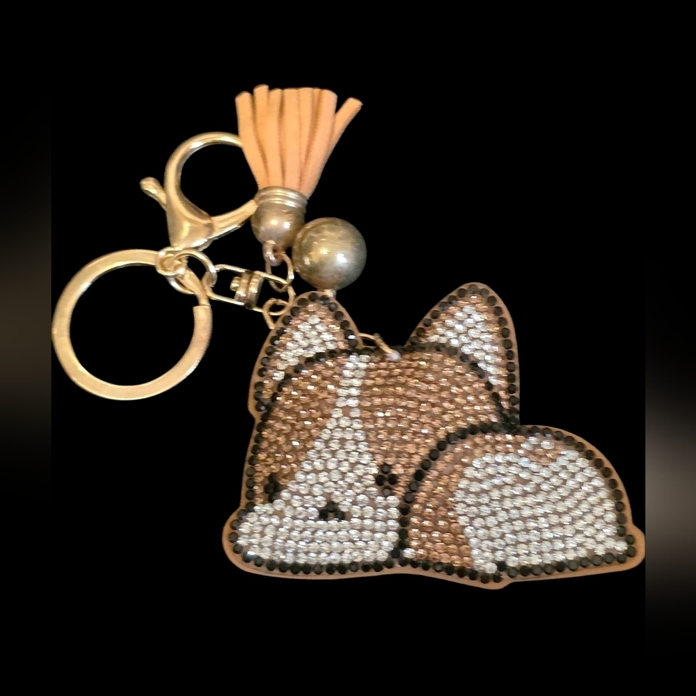 Cute Rhinestone Dog Bag Charm / Keychain with Tassel